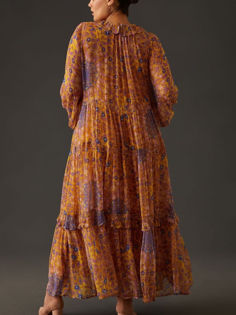Anthropologie Marias Floral Printed Chiffon Maxi Dress Size L Yellow Purple - Picture 3 of 11